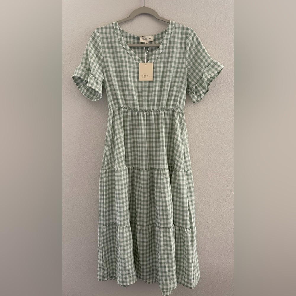 To My Lovers Sage Green Gingham Cotton Tiered Midi Dress Small NWT - Picture 4 of 12